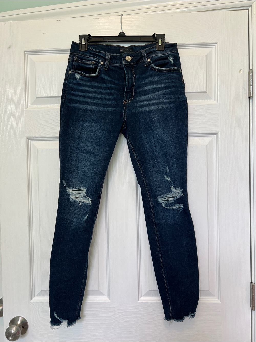 Silver Jeans Avery Fit Dark Blue Distressed Skinny Jeans